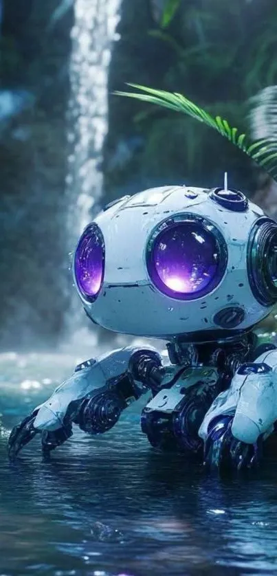 A robot with glowing eyes in a serene forest waterfall setting.