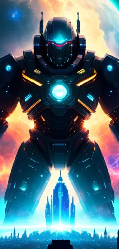 Futuristic robot in a neon cityscape with a cosmic background.