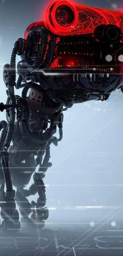 Futuristic robot with red neon lights on gray background.