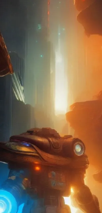 Futuristic robot stands in a neon-lit cityscape.