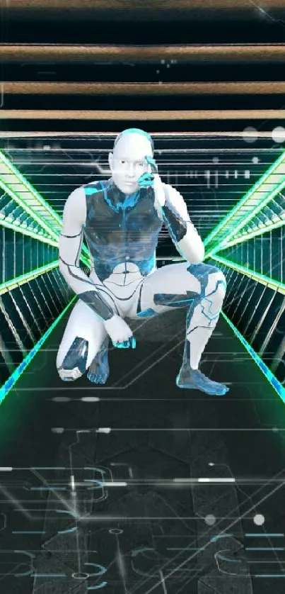 Futuristic robot in a neon-lit tunnel scene.