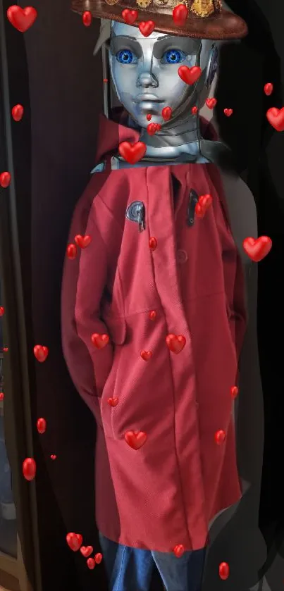 Futuristic robot wearing red coat with floating hearts.