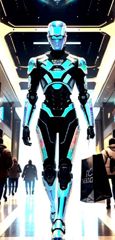 A futuristic robot walks through a neon-lit mall corridor.