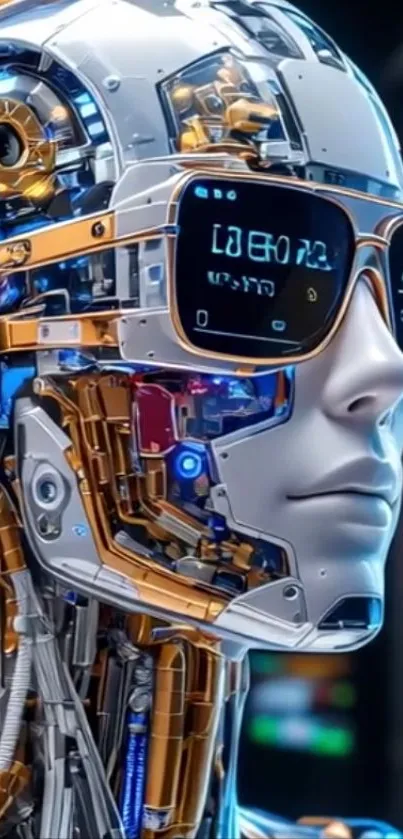 Futuristic robot wearing reflective sunglasses