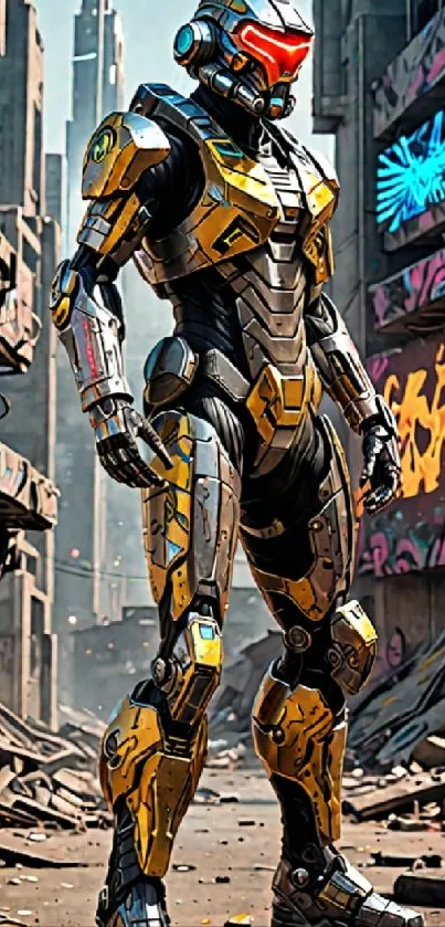 Futuristic robot in urban city with vibrant graffiti art.