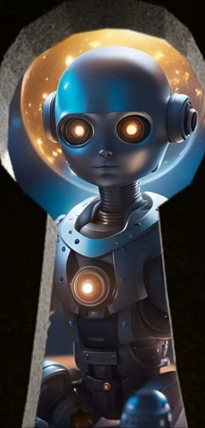 Futuristic robot peeking through a keyhole.