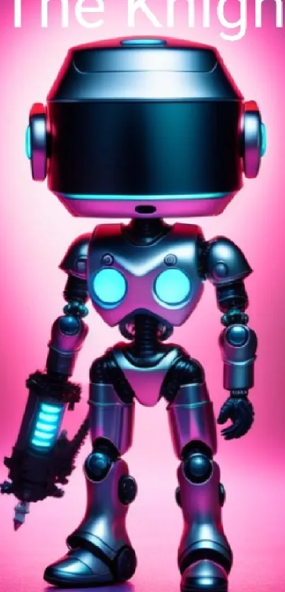 Futuristic robot knight with neon pink background.