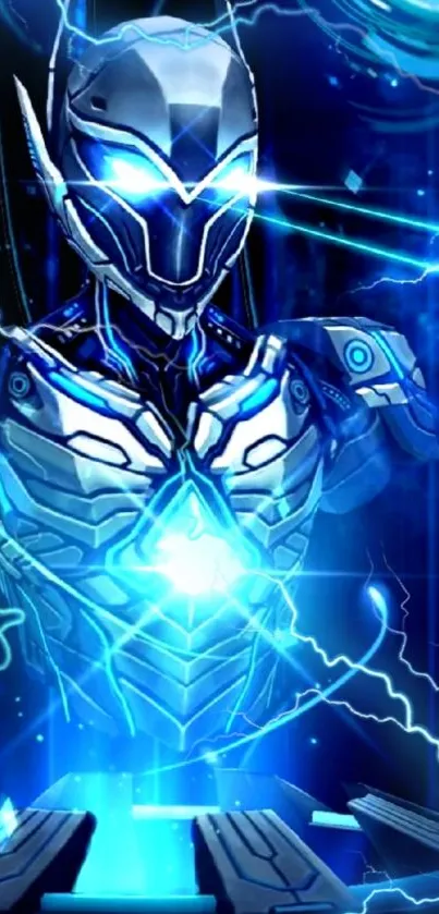 Futuristic robot with electric blue lightning bolts.