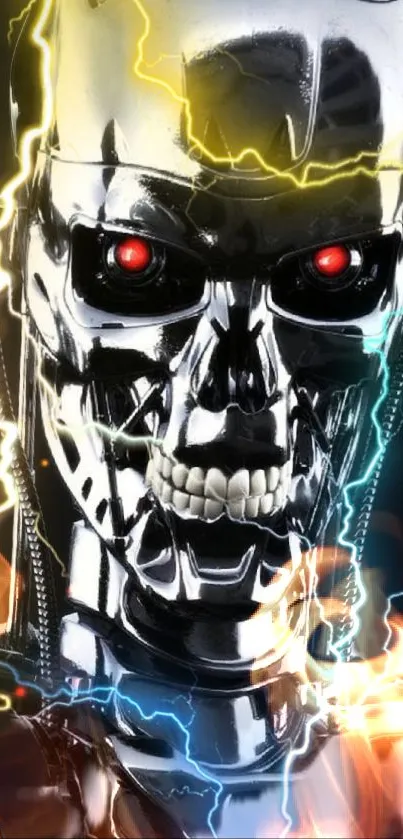 Futuristic robotic face with lightning and glowing red eyes.