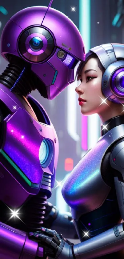 Futuristic robots in a neon-lit embrace with vibrant colors.