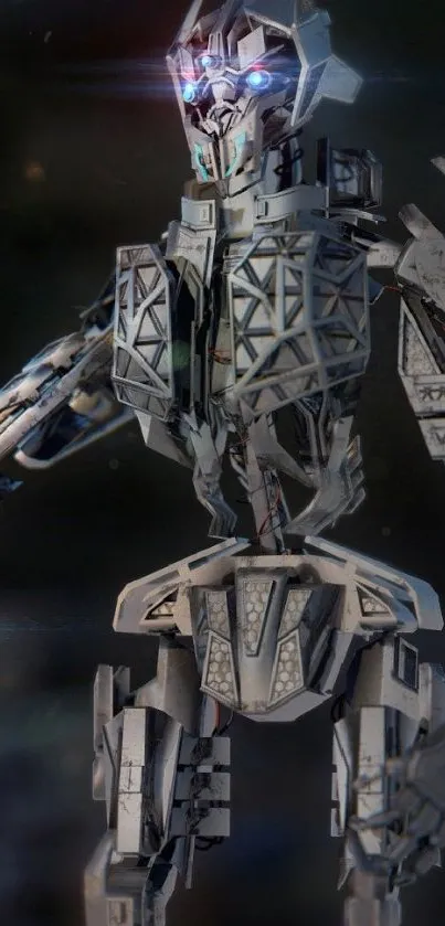 Robotic figure with holographic display in futuristic setting.