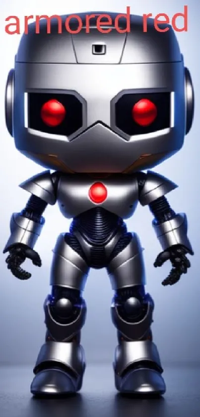 Futuristic metallic robot with red eyes on a minimalistic background.