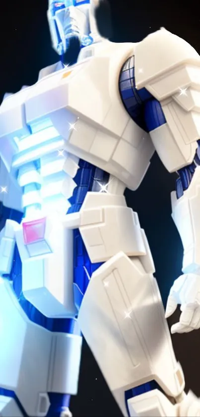 Futuristic white robot with blue lights phone wallpaper.