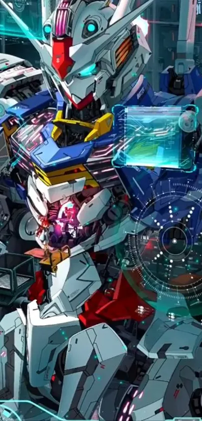 Futuristic robot with vibrant tech colors on wallpaper.