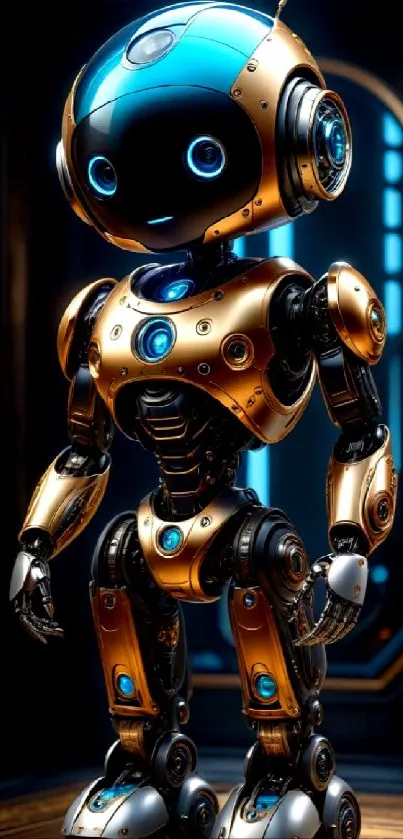 Futuristic robot with metallic gold and blue highlights in digital art style.