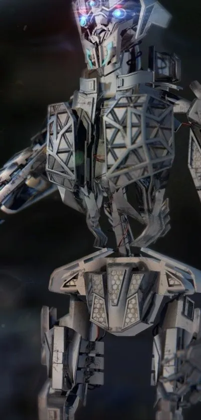 Futuristic robot wallpaper with metallic hues and glowing blue eyes.
