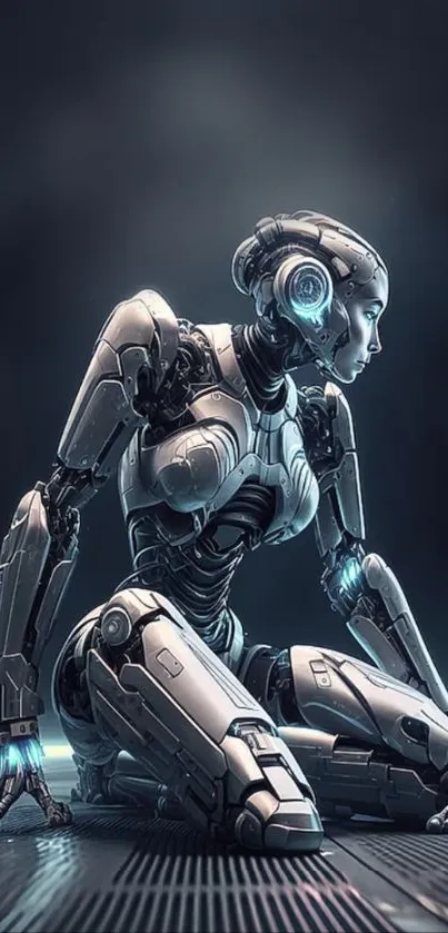 Futuristic robot sitting on a grid, glowing with blue light.