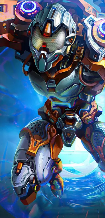 Futuristic robot warrior with vivid colors.