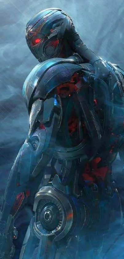 Futuristic robot in dark blue hue with red highlights and metallic textures.