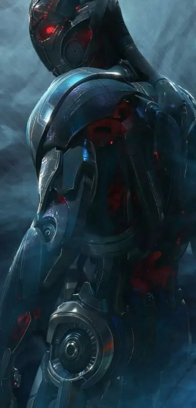 Futuristic robot with a dark blue aura and glowing red highlights.