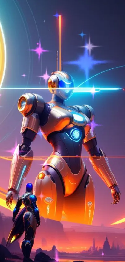 Futuristic robot in vibrant sci-fi landscape, ideal for mobile wallpaper.