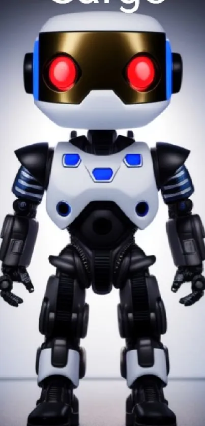 Futuristic robot with black and blue design, red eyes, and tech details.