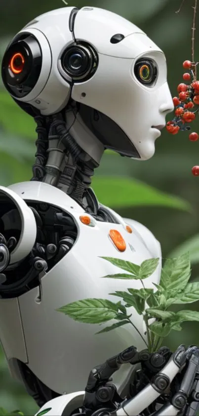 Futuristic robot surrounded by green plants and red berries.