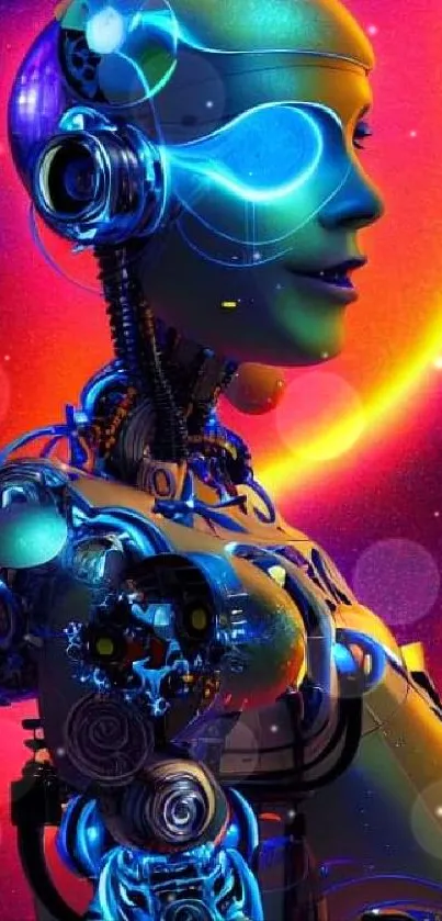 Futuristic neon robot with vibrant colors on a cosmic background.