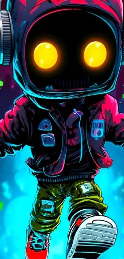 Futuristic robot with neon colors in a hoodie, vibrant and eye-catching.