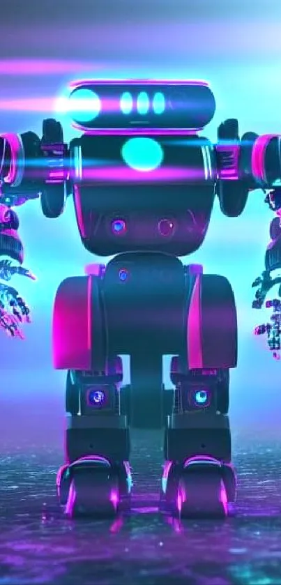 Neon-lit futuristic robot in a vibrant digital setting.