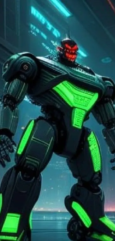 Futuristic neon-accented robot in a sci-fi setting wallpaper.