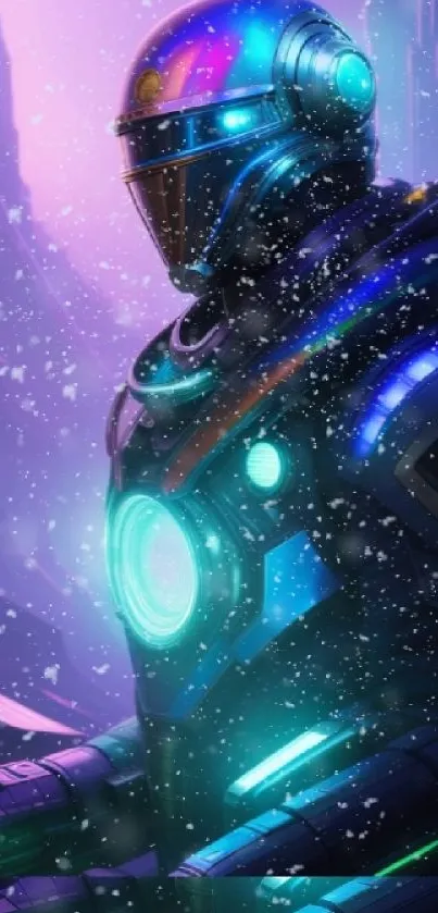 Futuristic robot with neon colors in a snowy purple landscape.