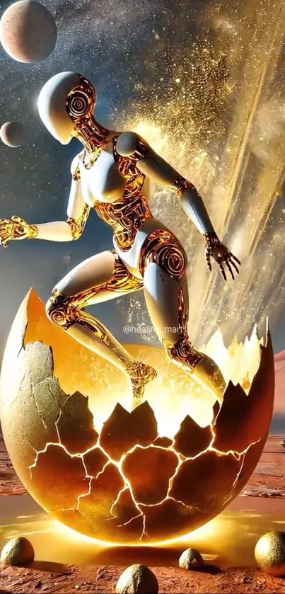 Futuristic android emerging from a golden egg on a cosmic landscape wallpaper.