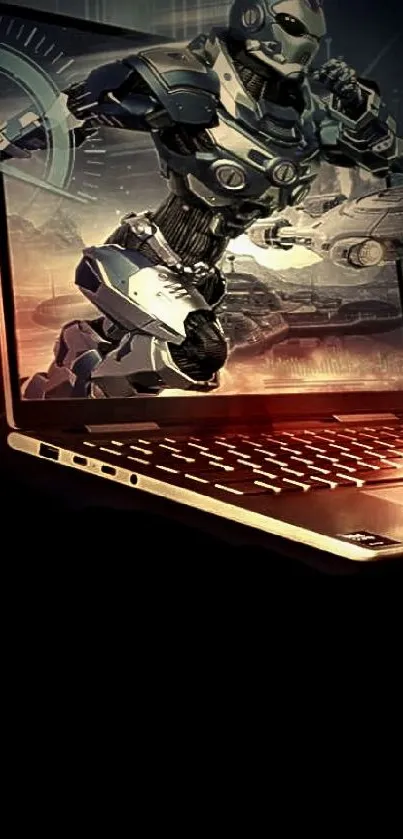 Futuristic robot emerging from laptop in dark brown hues.