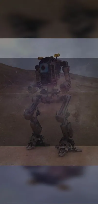 Futuristic robot stands on Mars-like barren landscape.