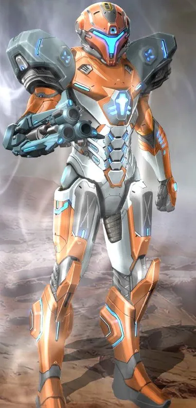 Futuristic robot standing on Mars with orange armor.