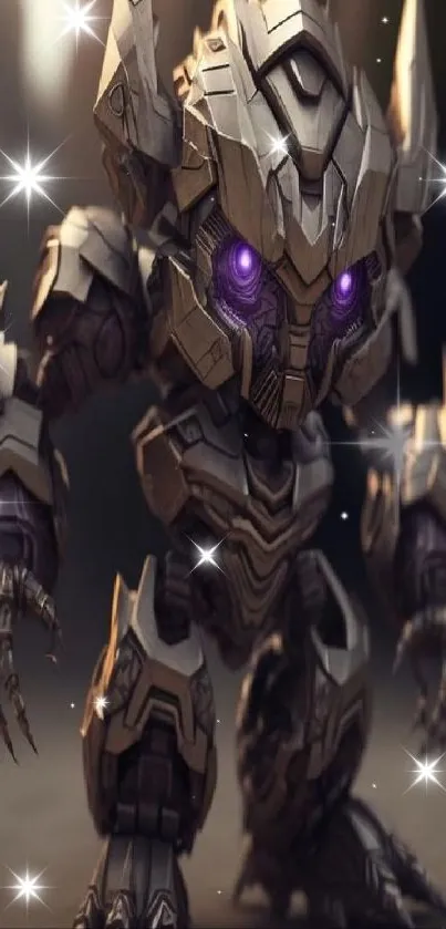 Futuristic metallic robot with purple eyes.