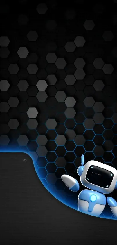 Futuristic robot on hexagonal black and blue design wallpaper.