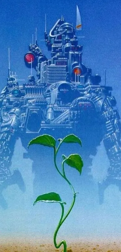 Futuristic robot silhouette with green plant over sandy ground.