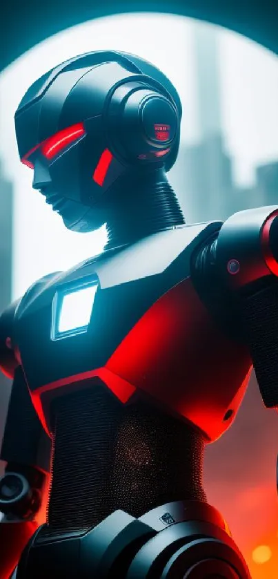 Sleek robot with red glow, futuristic wallpaper.