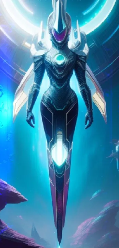 Futuristic robot with neon lights in sci-fi landscape.