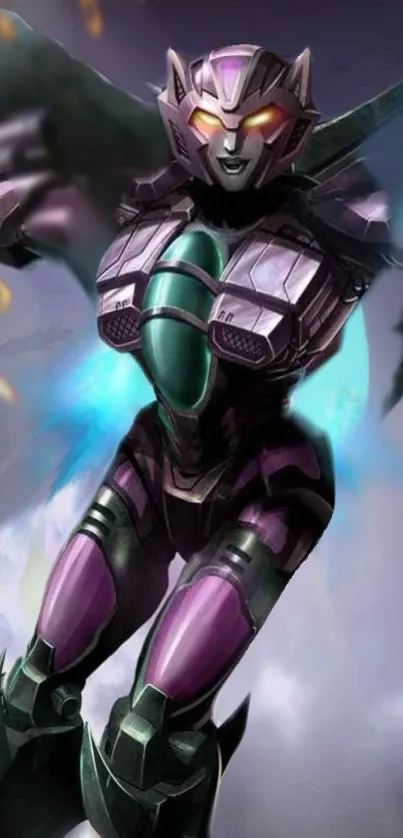 Futuristic robot in a sci-fi action scene with purple and teal highlights.