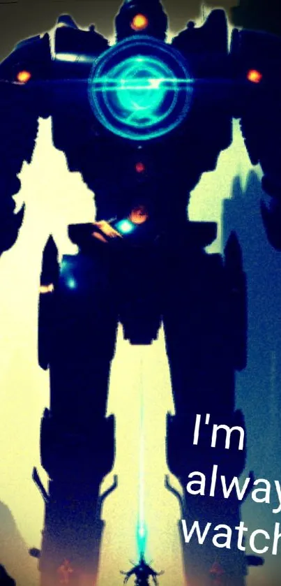 Futuristic robot silhouette with a vibrant blue light on mobile wallpaper.