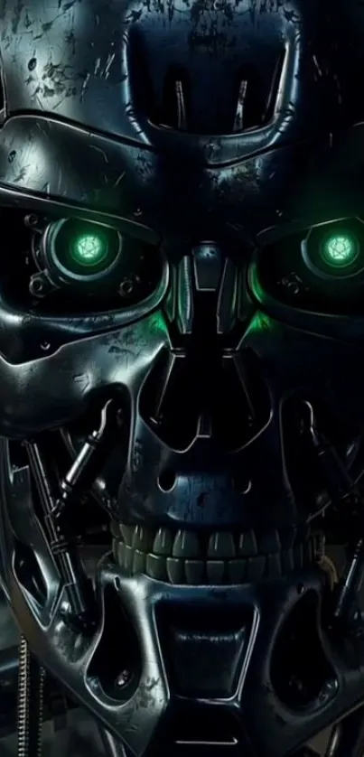 Futuristic robot skull with glowing green eyes