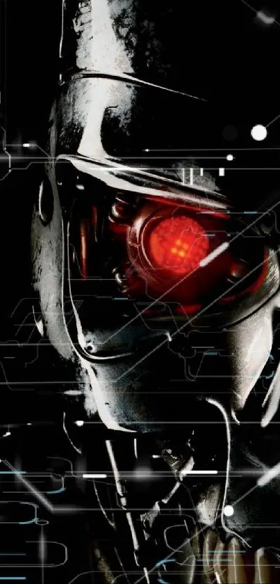 Dark and futuristic robot skull wallpaper with glowing red eyes.