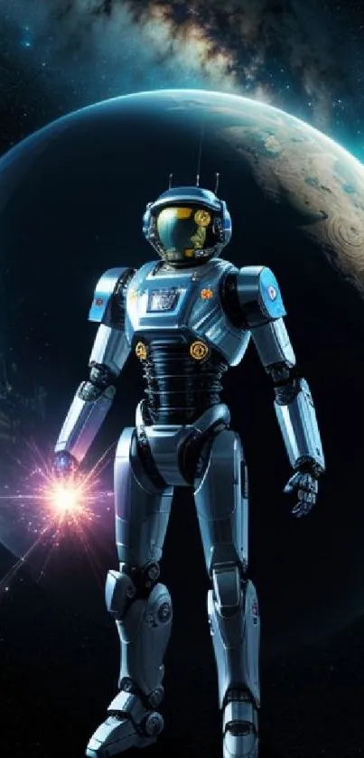 Futuristic robot stands against cosmic Earth backdrop.