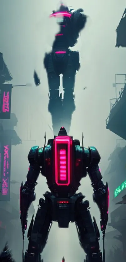 Futuristic robots in a neon-lit cityscape backdrop.