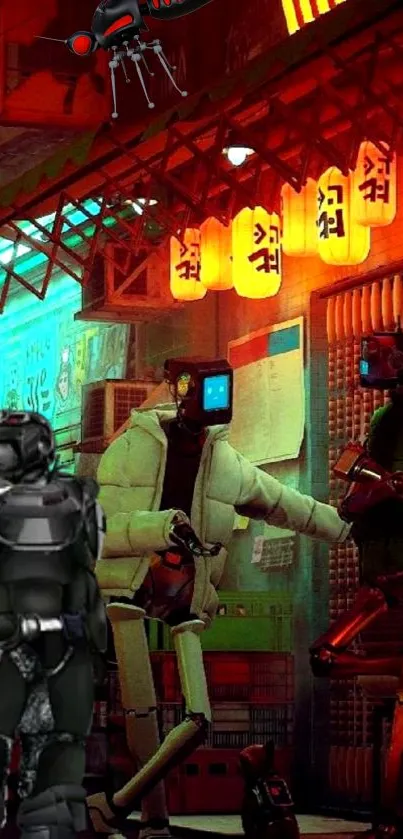 Cyberpunk themed robots under lanterns on a neon-lit street.