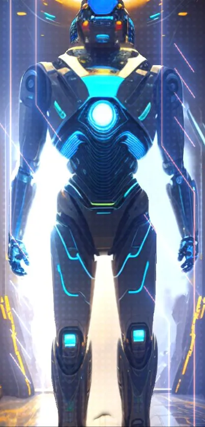 Futuristic robot with neon blue highlights on a tech-inspired background.