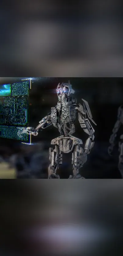 Futuristic robot interacting with a holographic screen on a dark background.